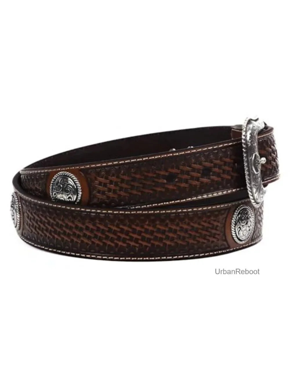 Western Leather Belt with Removable Silver Buckle and Floral Conchos